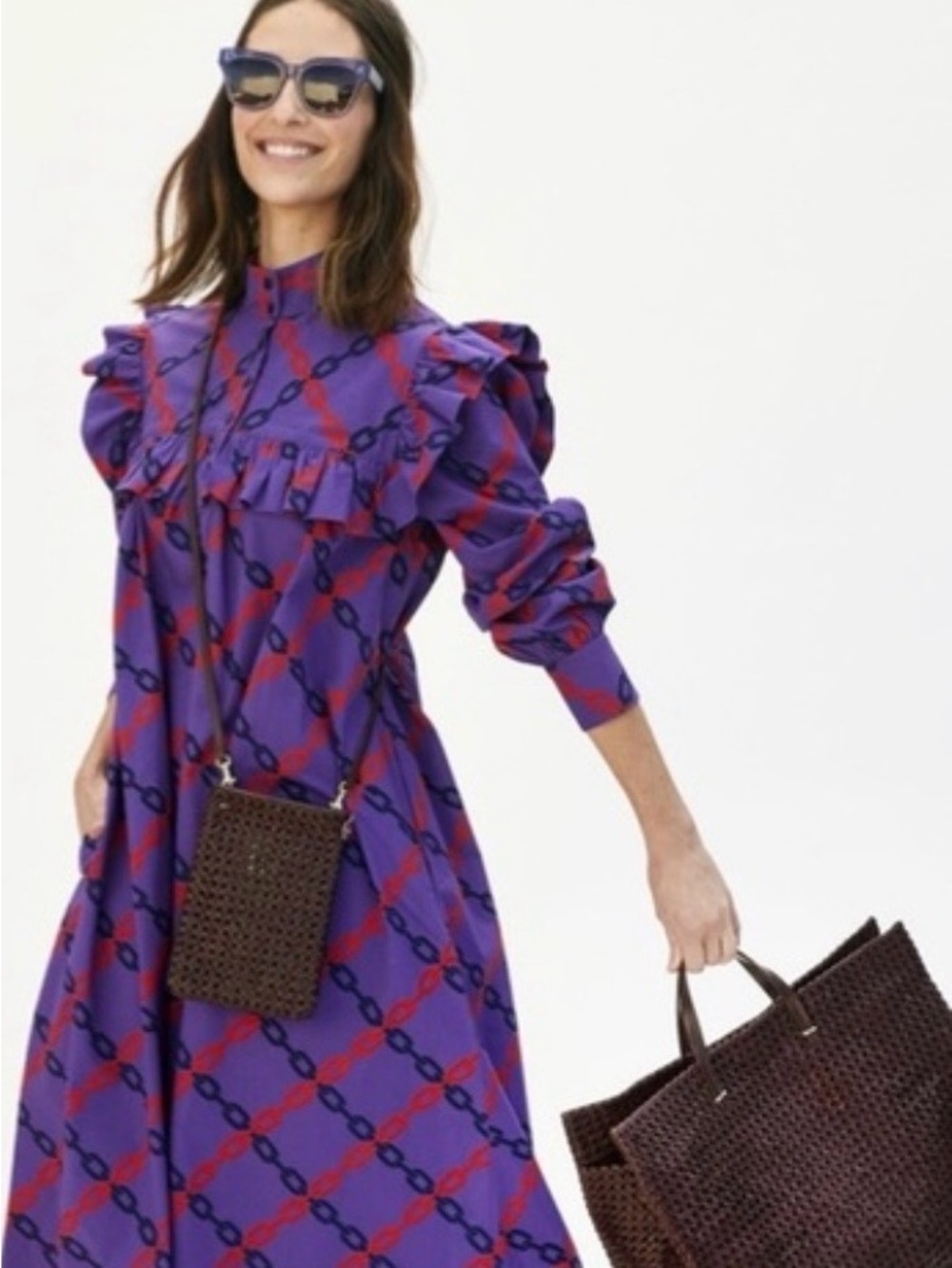 Clare V. Charolette dress in Purple & Red Patterned Ruffle Midi Dress
